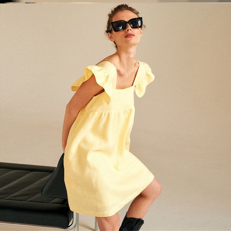 Casual Dress Women Yellow Skirt Loose Casual Ruffled Flying Sleeve Dress Chiffon Skirt