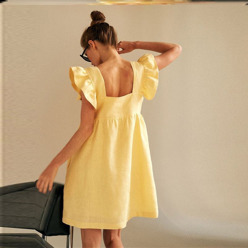 Casual Dress Women Yellow Skirt Loose Casual Ruffled Flying Sleeve Dress Chiffon Skirt