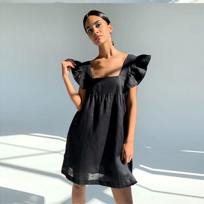 Casual Dress Women Yellow Skirt Loose Casual Ruffled Flying Sleeve Dress Chiffon Skirt