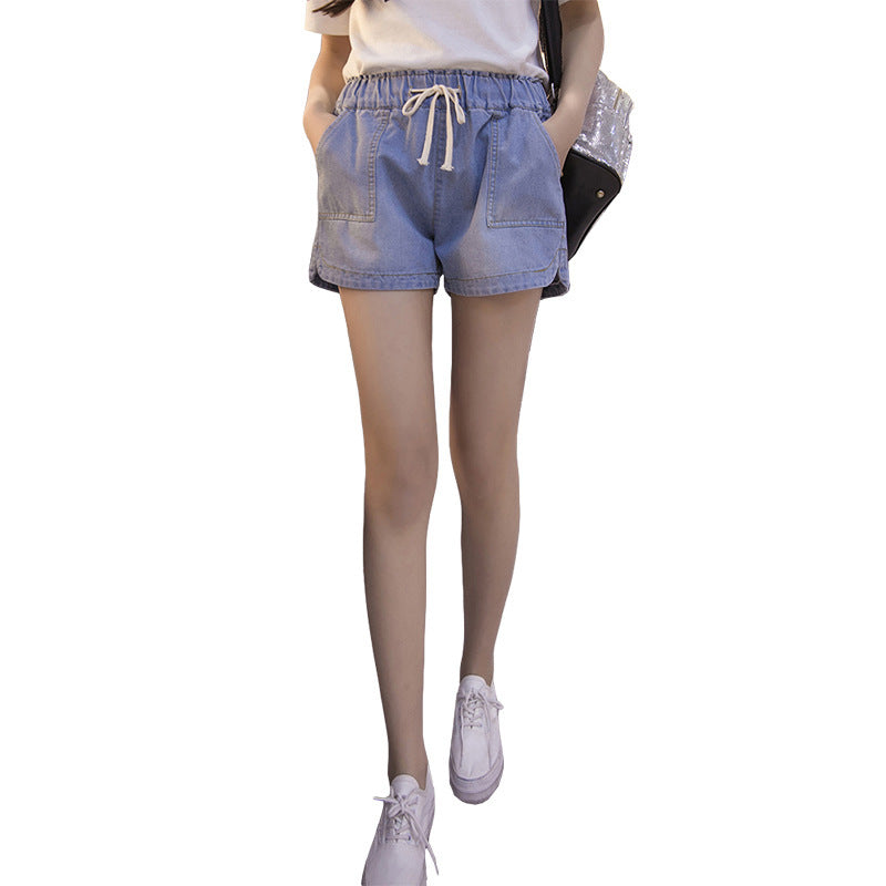 Women’s Thin Denim Shorts – Korean-Style Hot Pants, Elastic Waist, Wide-Leg