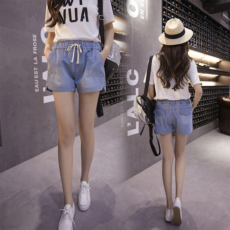 Women’s Thin Denim Shorts – Korean-Style Hot Pants, Elastic Waist, Wide-Leg