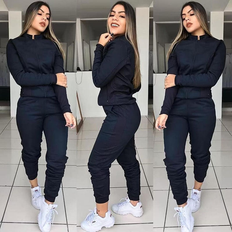 Women’s Solid Color Long Sleeve Fitness Twinset – 2-Piece Activewear Set