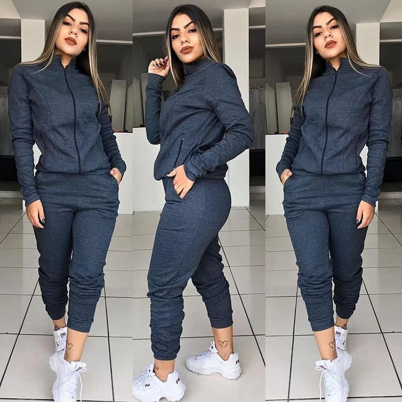 Women’s Solid Color Long Sleeve Fitness Twinset – 2-Piece Activewear Set