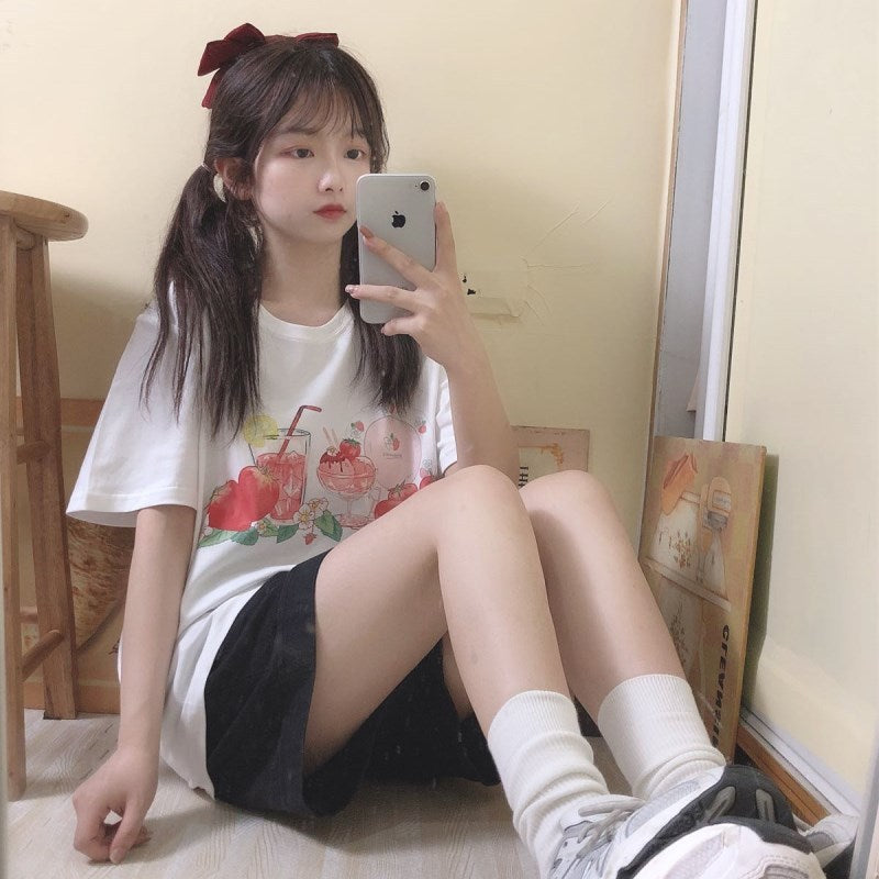 Pure Cotton Short-Sleeved T-Shirt Women New Japanese Small Fresh Girl White T-Shirt