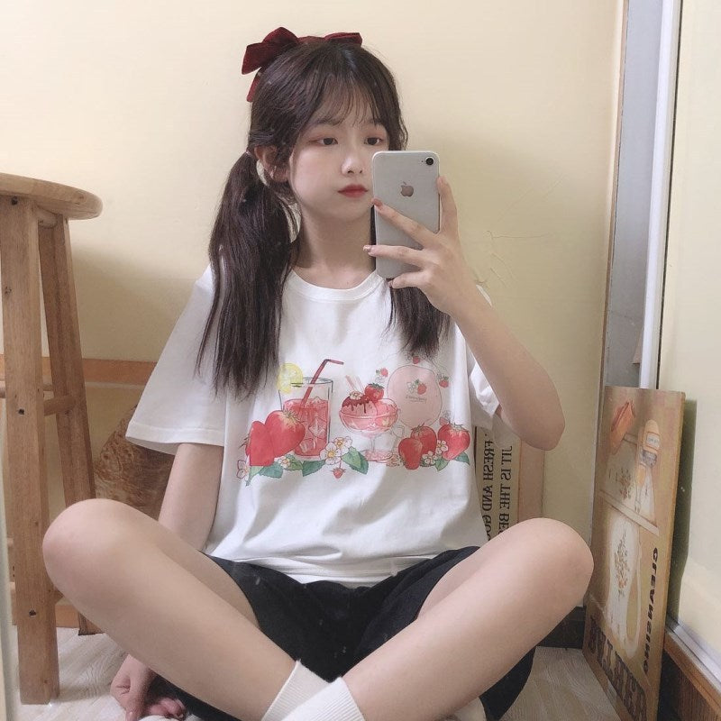 Pure Cotton Short-Sleeved T-Shirt Women New Japanese Small Fresh Girl White T-Shirt