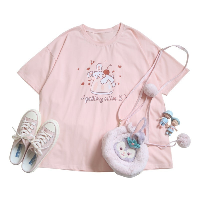 Women's Pink Short Sleeve Cartoon Print Cotton T Shirt