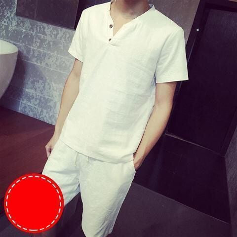 Linen Short Sleeve V Neck Men's T Shirt Regular Fit Pattern