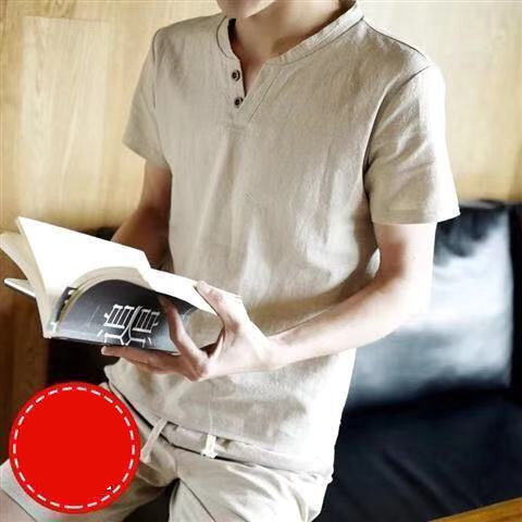 Linen Short Sleeved T Shirt Men's V Neck Half Sleeved T Shirt