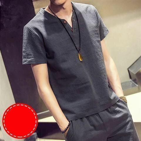 Linen Short Sleeved T Shirt Men's V Neck Half Sleeved T Shirt