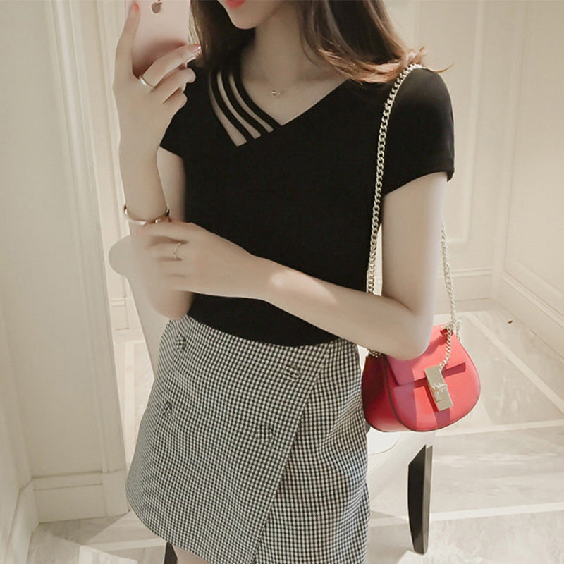 Womens V Neck Short Sleeve Korean Polyester Blend Regular
