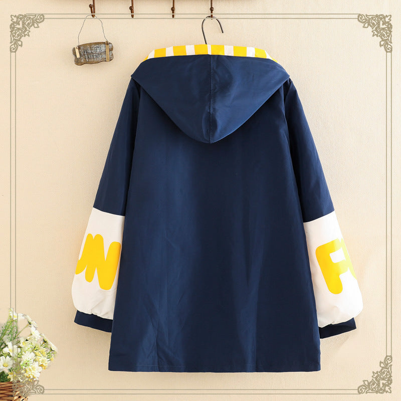 Autumn NewStyle Japanese Childlike Meal Printing Pocket Color MatchingLetters Loose Hooded Jacket Windbreaker Women