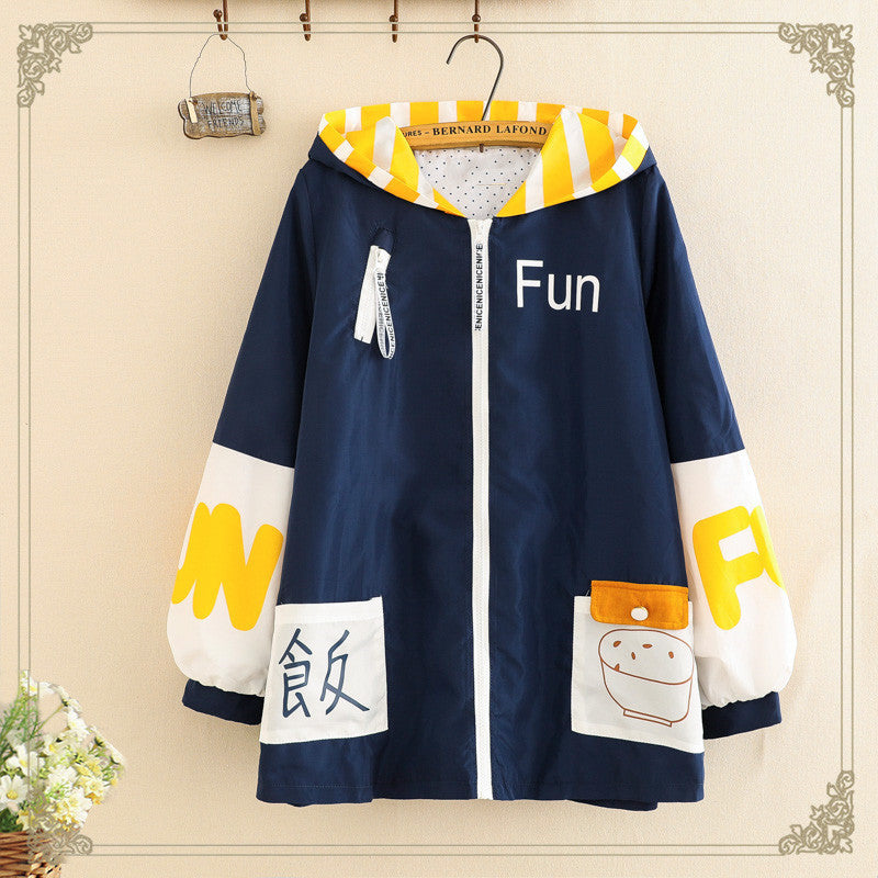 Autumn NewStyle Japanese Childlike Meal Printing Pocket Color MatchingLetters Loose Hooded Jacket Windbreaker Women