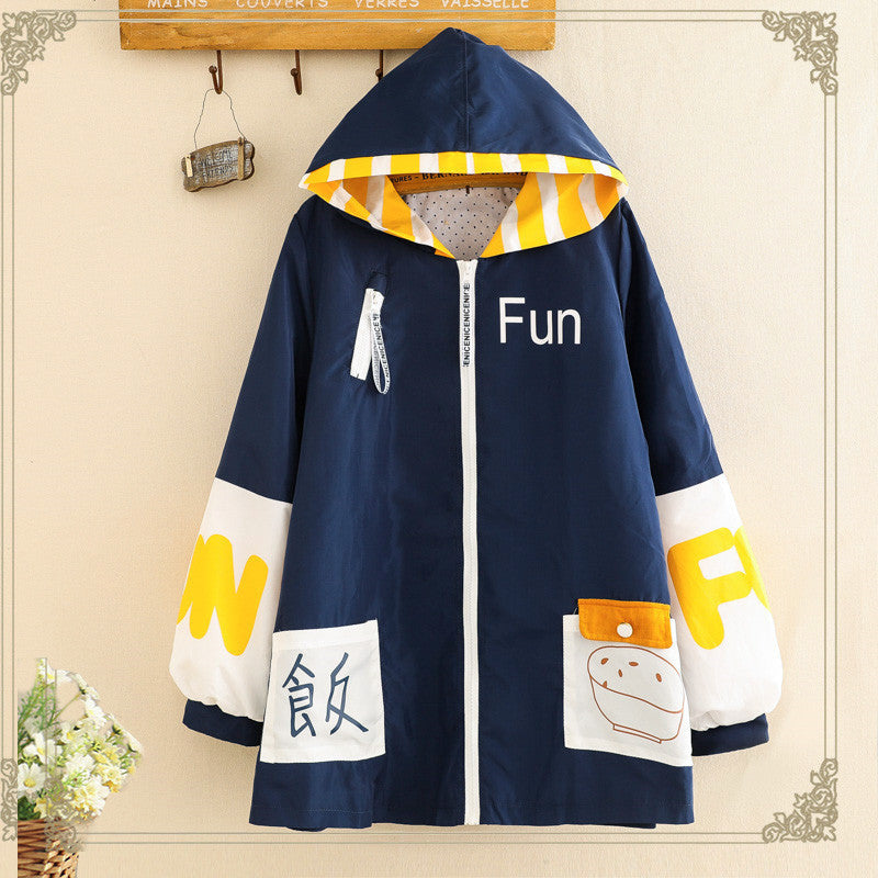 Autumn NewStyle Japanese Childlike Meal Printing Pocket Color MatchingLetters Loose Hooded Jacket Windbreaker Women