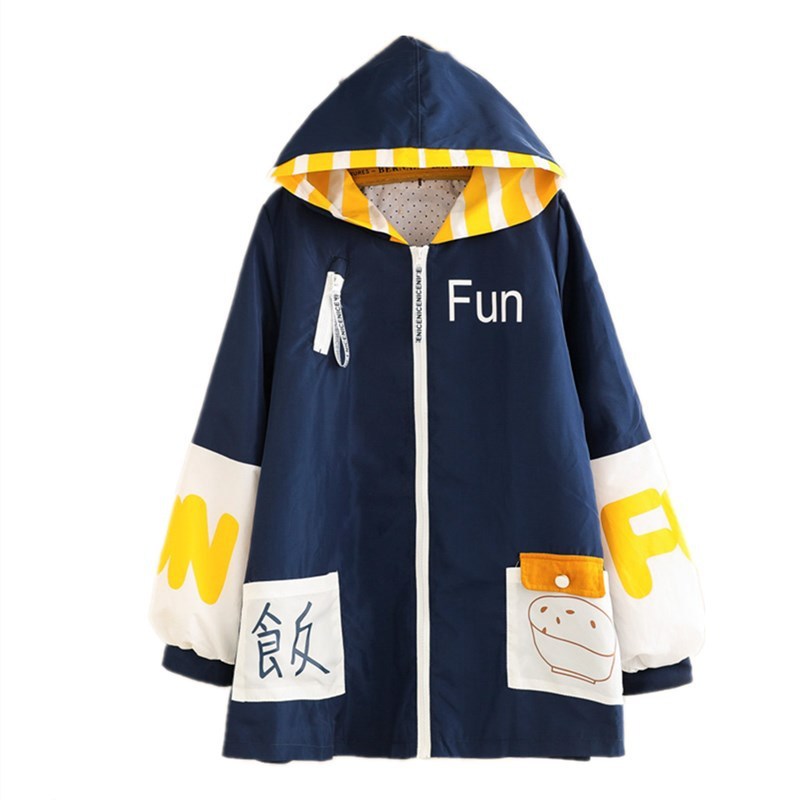 Autumn NewStyle Japanese Childlike Meal Printing Pocket Color MatchingLetters Loose Hooded Jacket Windbreaker Women