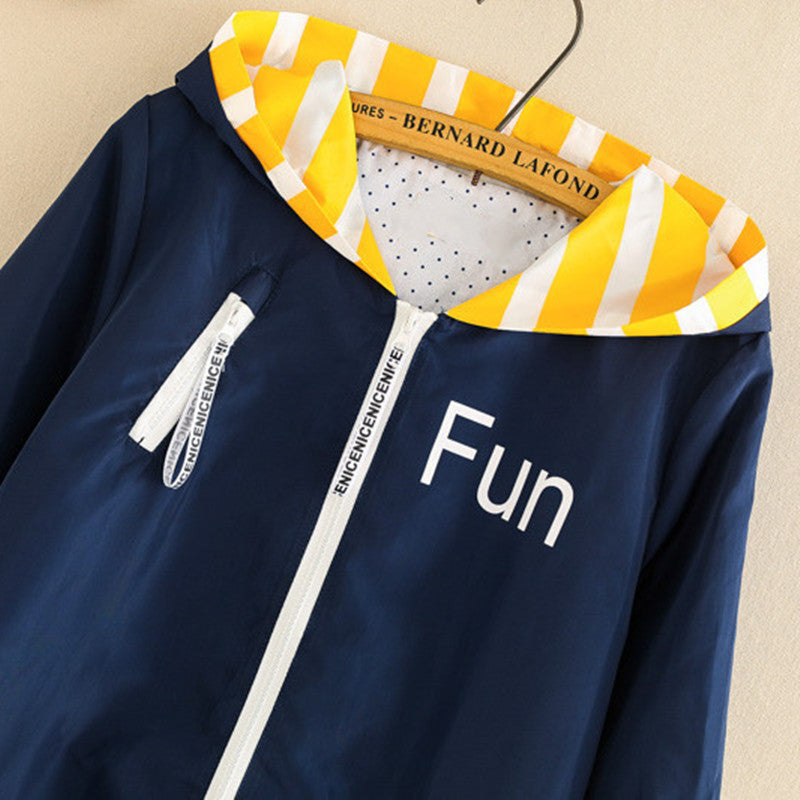 Autumn NewStyle Japanese Childlike Meal Printing Pocket Color MatchingLetters Loose Hooded Jacket Windbreaker Women