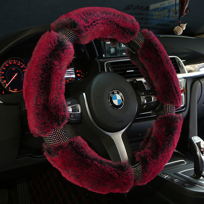 Winter Plush Car Steering Wheel Cover with Korean Diamond Design, Fashionable and Cute Car Accessory
