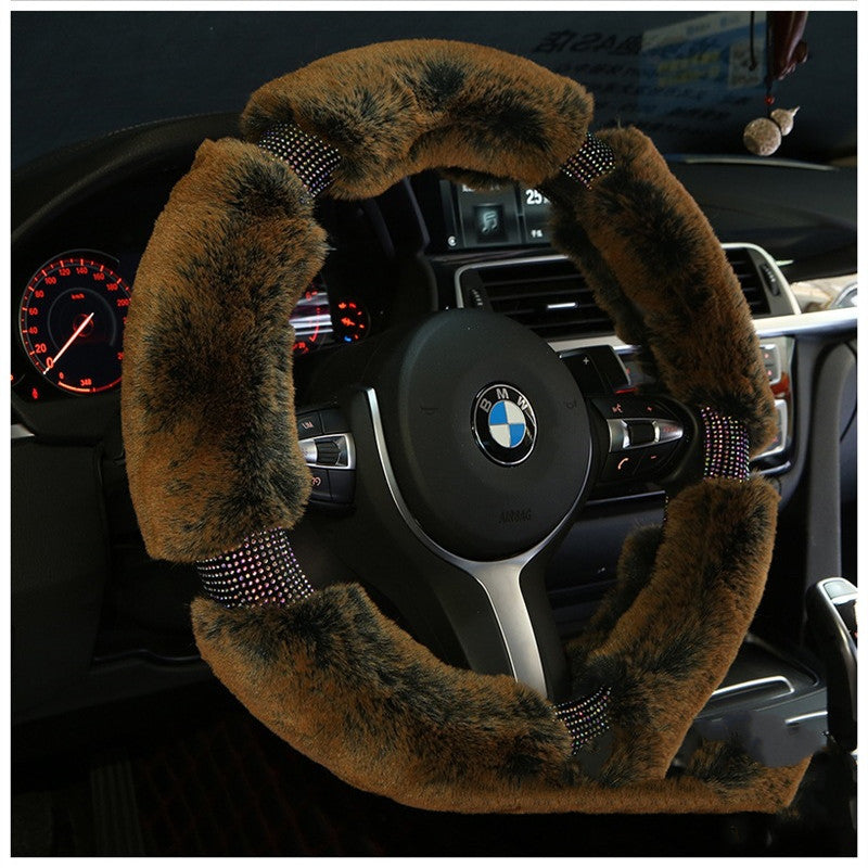 Winter Plush Car Steering Wheel Cover with Korean Diamond Design, Fashionable and Cute Car Accessory