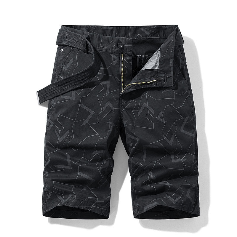 Mens Geometric Print Straight Shorts Cotton Army Green