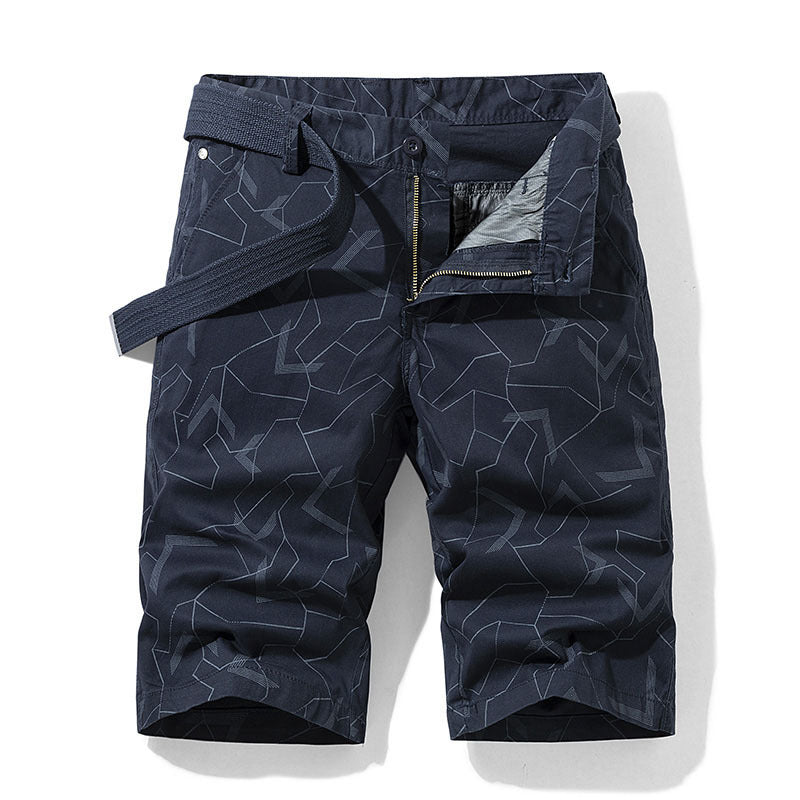 Mens Geometric Print Straight Shorts Cotton Army Green