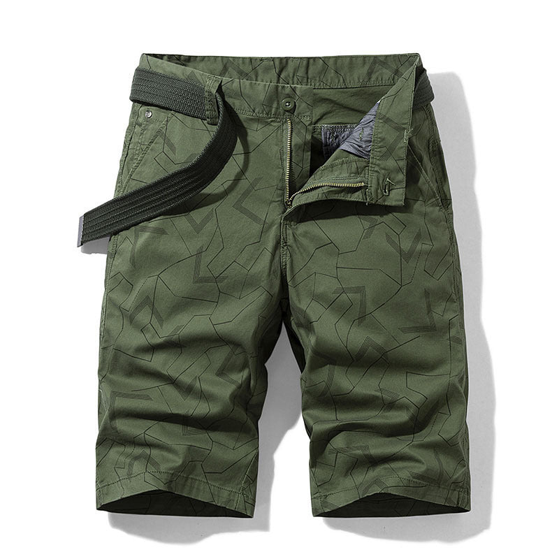 Mens Geometric Print Straight Shorts Cotton Army Green
