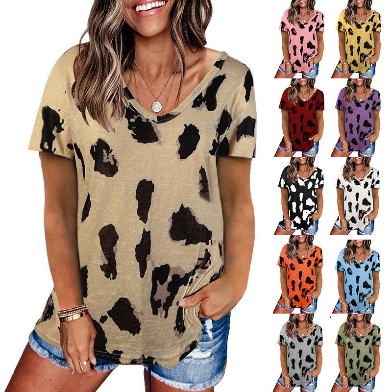 Women's Leopard Print Plus Size Loose Cotton Blend T Shirt