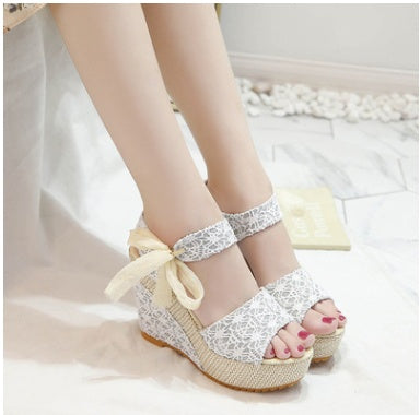 Women's Fish Mouth Lace Up Floral High Heel Sandals Cloth