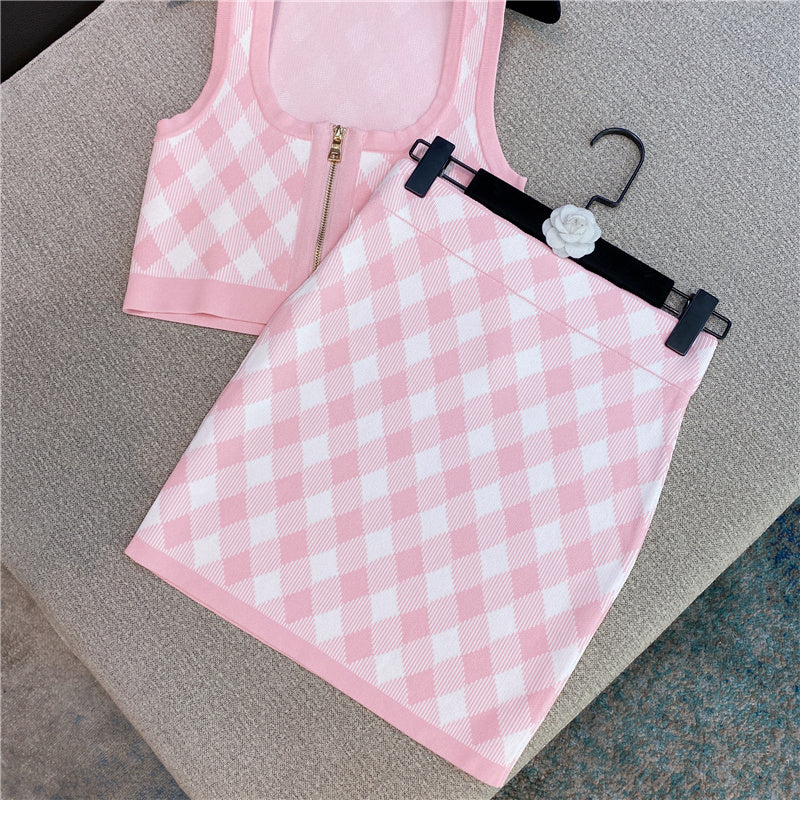 Spring New Sleeveless Square Neck Tank Tops Short Mini Skirt Pink Plaid Knitted Two Piece Set Women Outfits