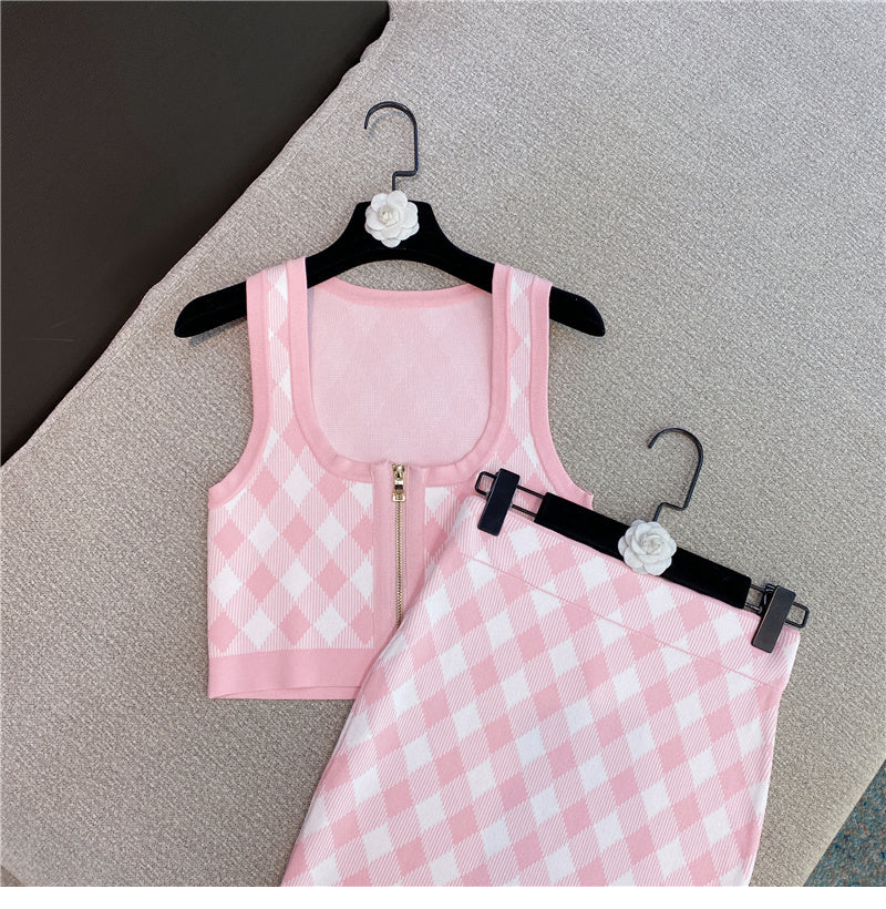 Spring New Sleeveless Square Neck Tank Tops Short Mini Skirt Pink Plaid Knitted Two Piece Set Women Outfits