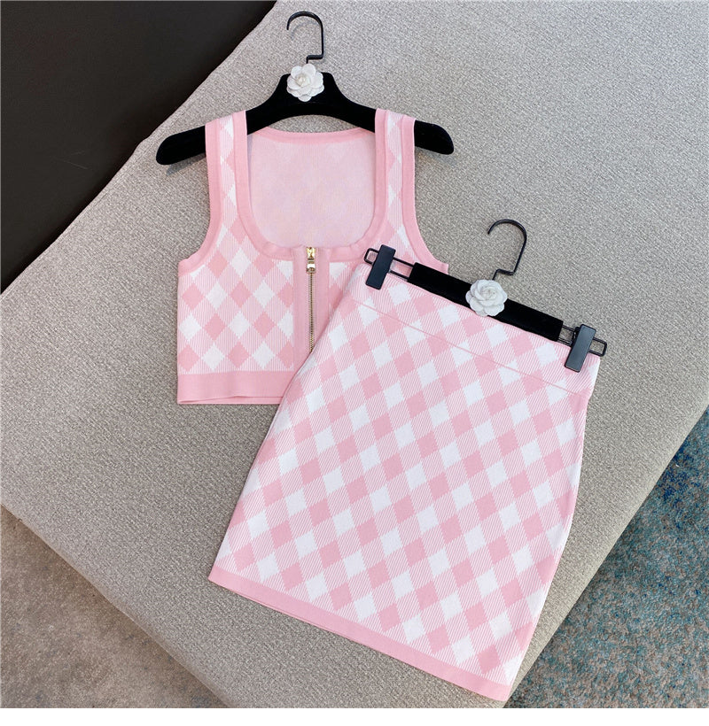 Spring New Sleeveless Square Neck Tank Tops Short Mini Skirt Pink Plaid Knitted Two Piece Set Women Outfits