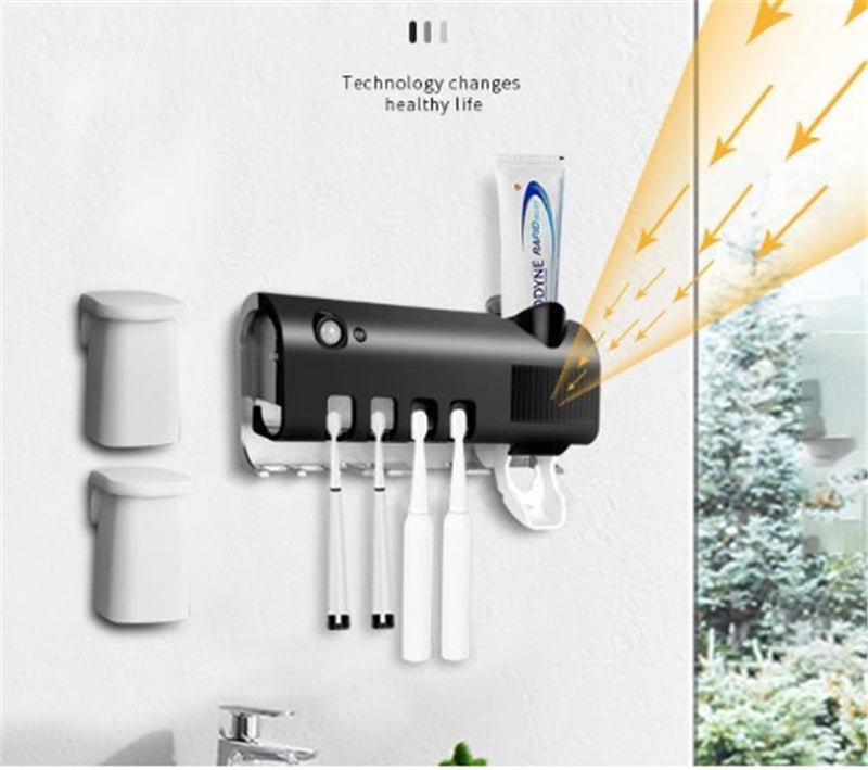 Multifunctional Bathroom Toothbrush Holder with Toothpaste Dispenser & USB Charging Rack