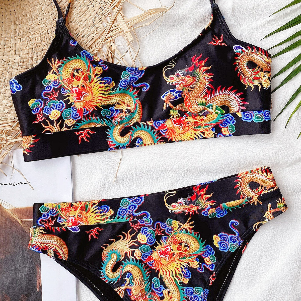 Dragon Print Bikini Set – Sexy Nylon Swimwear in Black, Blue, Purple