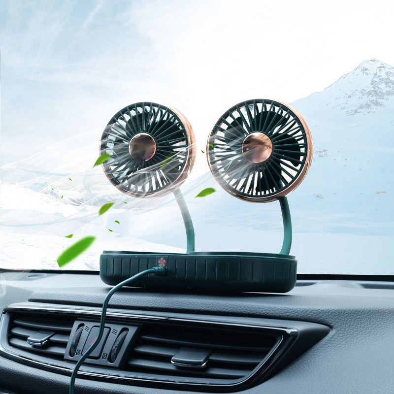 USB Dual-Head Car Fan – 360° Gooseneck, Quiet, 3-Speed