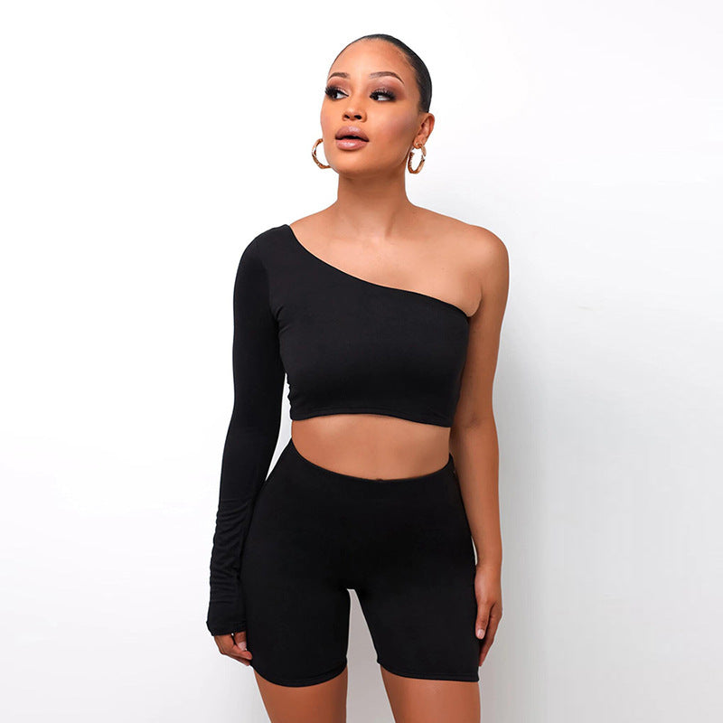 Kliou™ Asymmetrical Crop Top & Biker Shorts Set – Sporty & Stylish