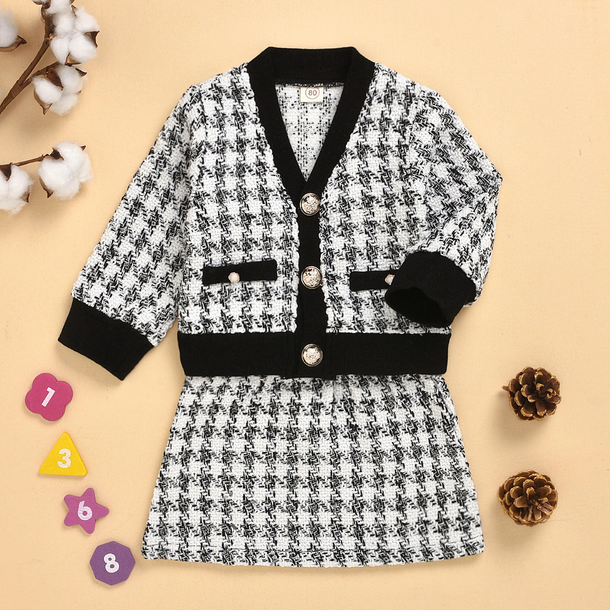 Black long-sleeved temperament two-piece suit skirt plaid children's clothing