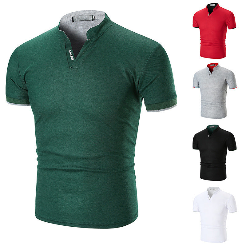 Men's Relaxed Cotton Polo Shirt Striped Cuff Stand Collar