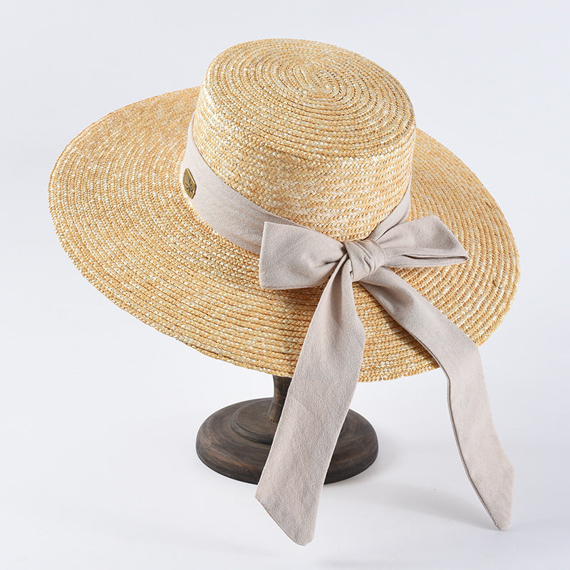 Wheat Straw Flat Top Sun Hat with Bowknot for Travel and Beach