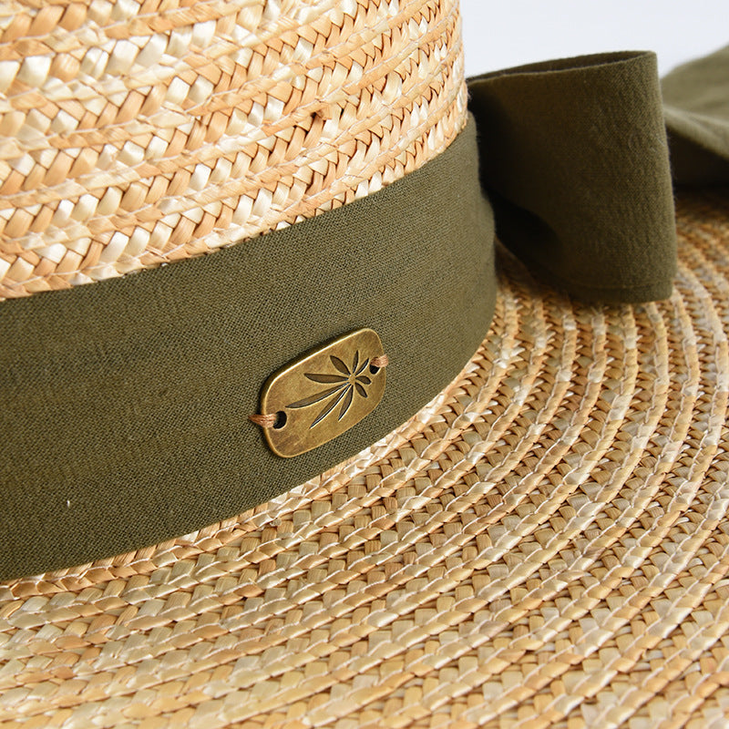 Wheat Straw Flat Top Sun Hat with Bowknot for Travel and Beach
