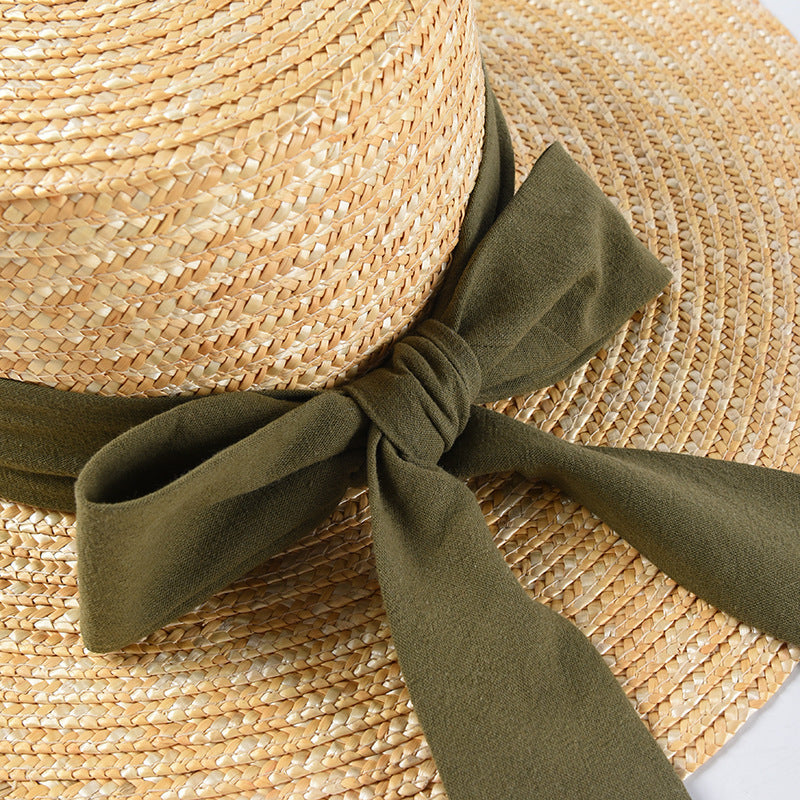 Wheat Straw Flat Top Sun Hat with Bowknot for Travel and Beach