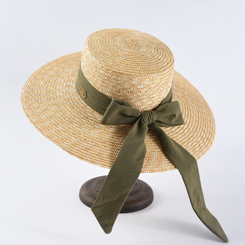 Wheat Straw Flat Top Sun Hat with Bowknot for Travel and Beach