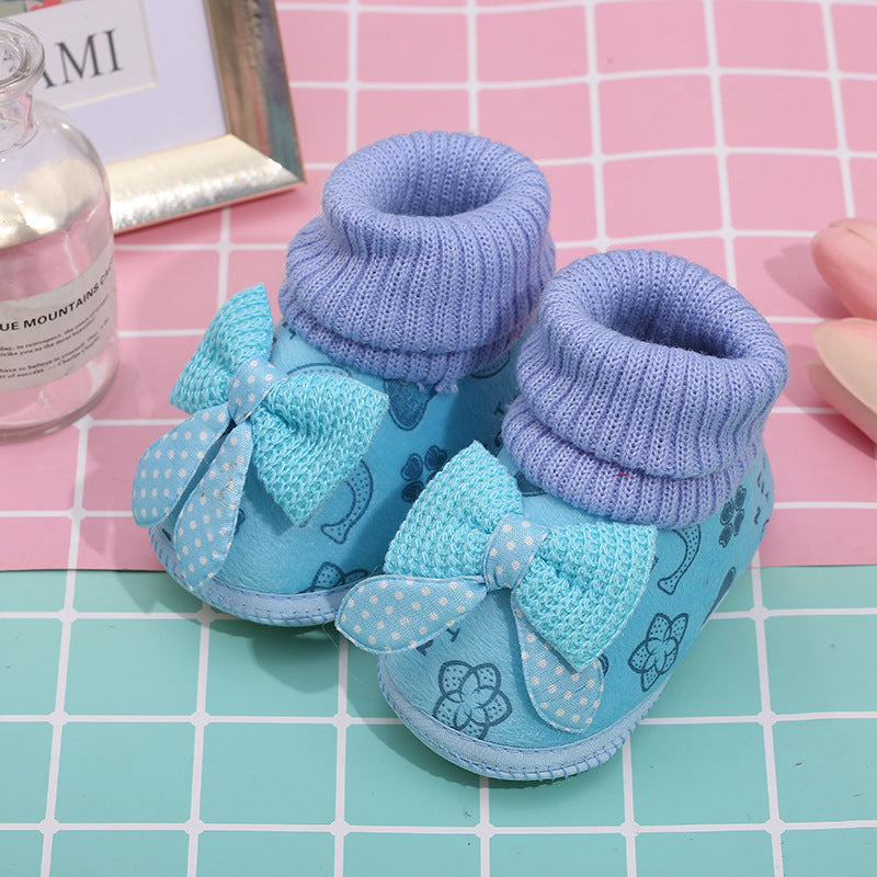 Baby Toddler Shoes In Autumn And Winter Plus Velvet Thickening Luokou Bow Baby Cotton Shoes Cover Foot Short Boots Non-Slip Sole Shoes