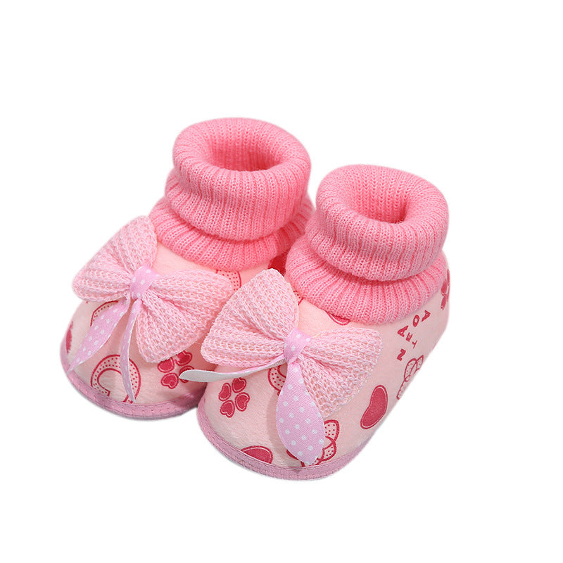 Baby Toddler Shoes In Autumn And Winter Plus Velvet Thickening Luokou Bow Baby Cotton Shoes Cover Foot Short Boots Non-Slip Sole Shoes
