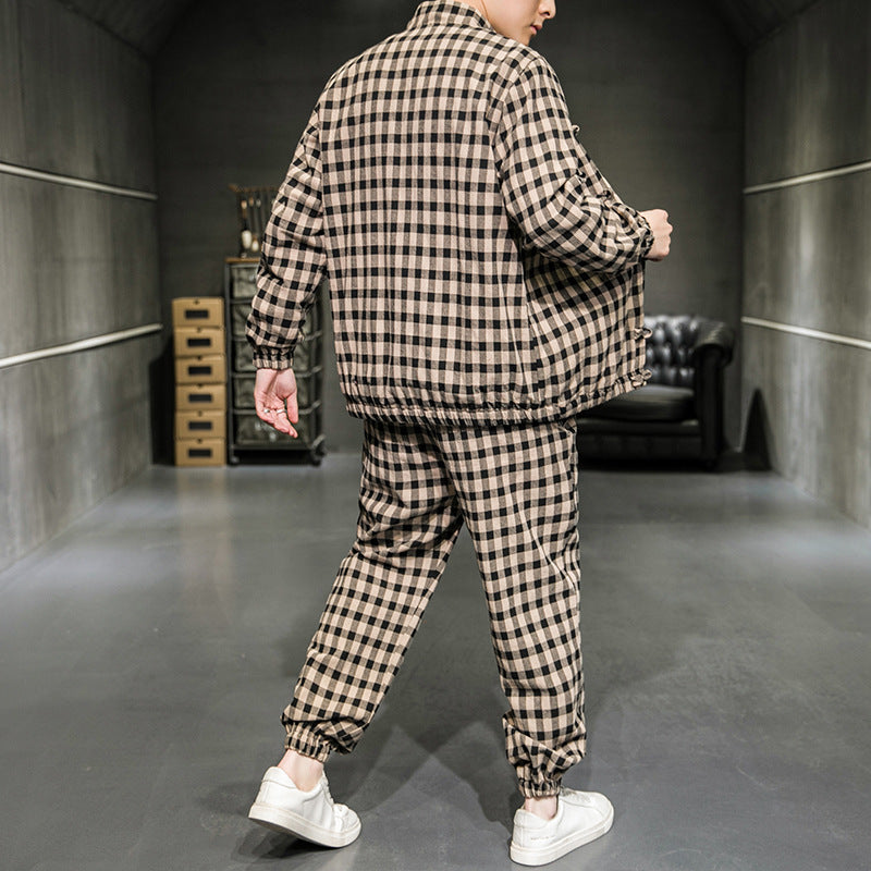 Two-Piece Chinese Tang Suit With Plaid Jacket