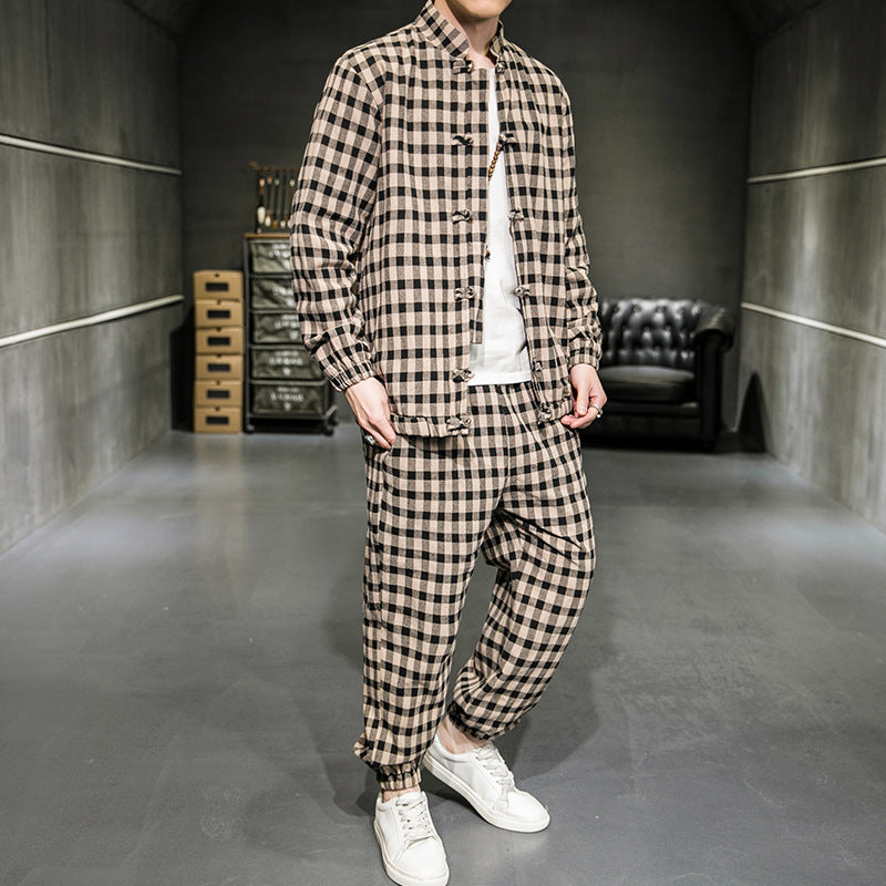 Two-Piece Chinese Tang Suit With Plaid Jacket