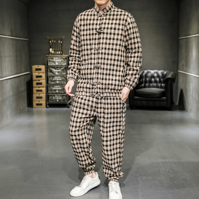 Two-Piece Chinese Tang Suit With Plaid Jacket