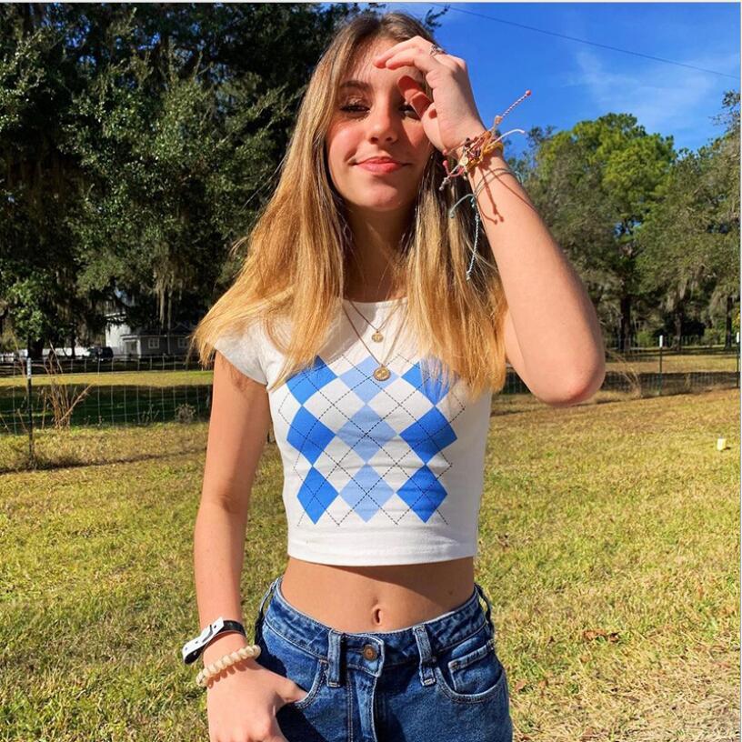 Diamond Grid Printing Hit Color New Women'S Round Neck Crop Top Casual Girl T-Shirt