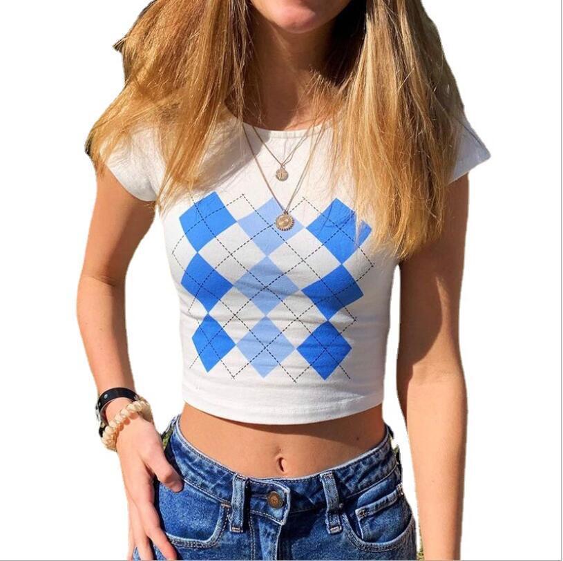 Diamond Grid Printing Hit Color New Women'S Round Neck Crop Top Casual Girl T-Shirt