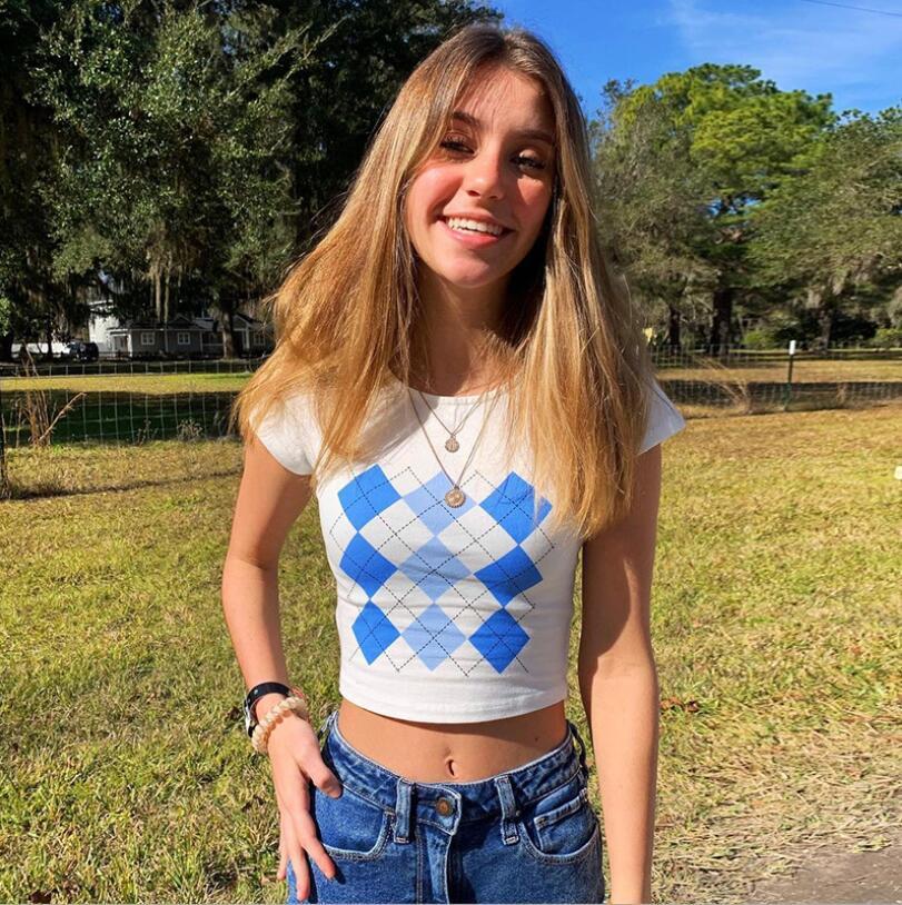 Diamond Grid Printing Hit Color New Women'S Round Neck Crop Top Casual Girl T-Shirt