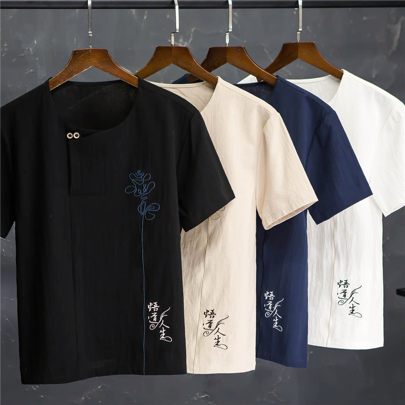 Summer New Linen Suit Men's Fashion Casual Cotton And Linen Short Sleeved Pants