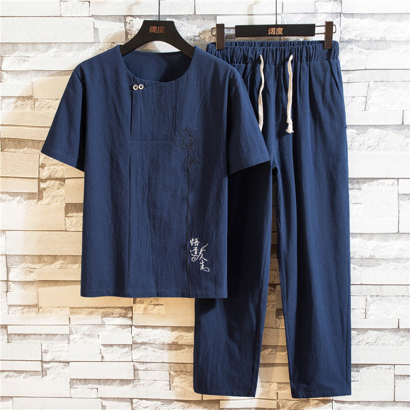 Summer New Linen Suit Men's Fashion Casual Cotton And Linen Short Sleeved Pants