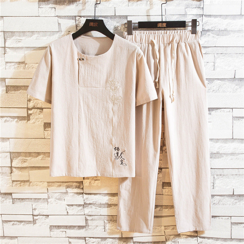 Summer New Linen Suit Men's Fashion Casual Cotton And Linen Short Sleeved Pants
